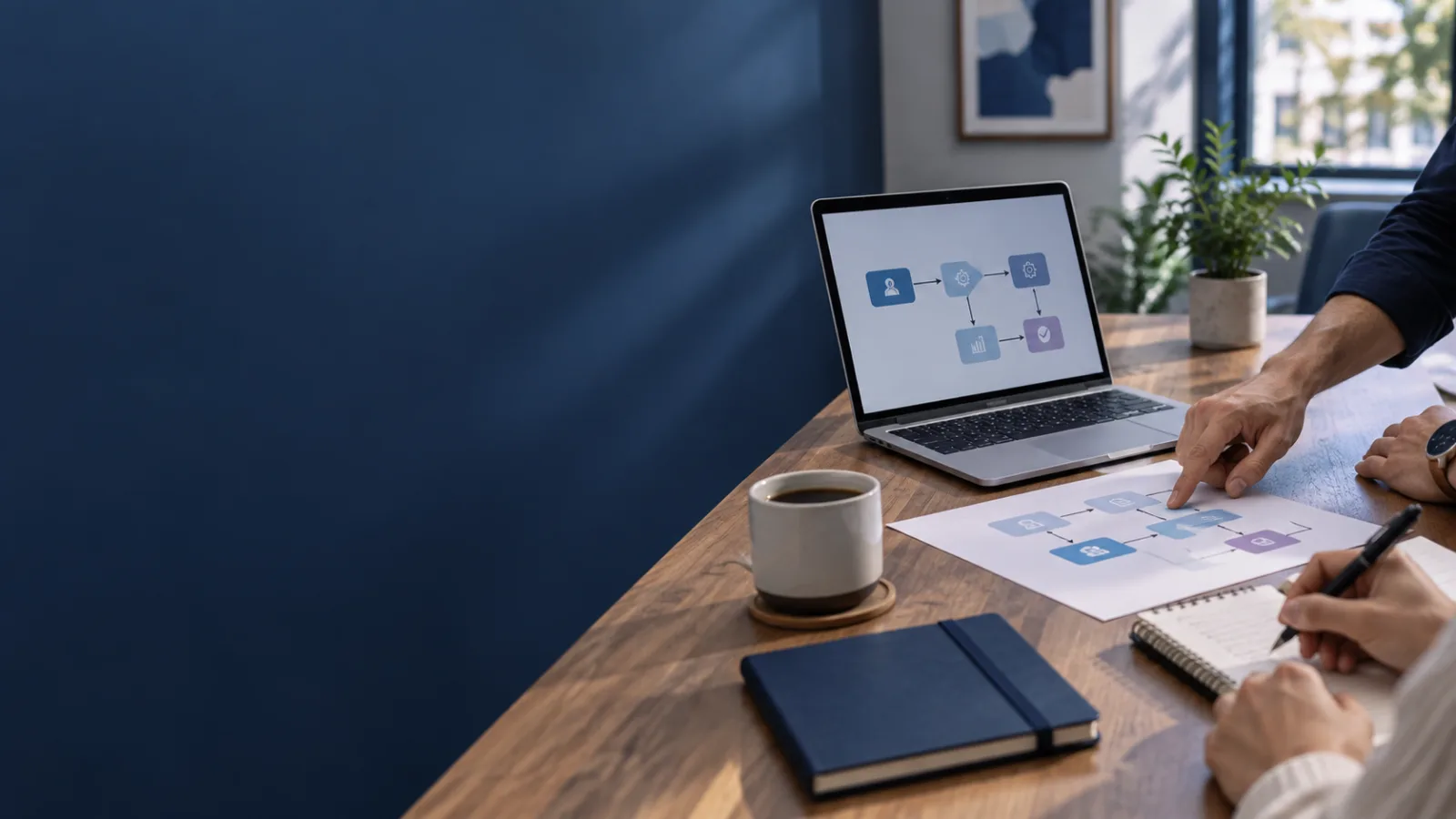 Escena ilustrativa de planificación de procesos e implementación de software