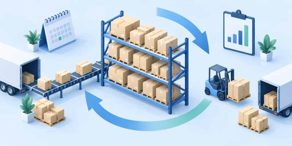 Cajas entrando y saliendo de un almacén, con flechas que representan la renovación del inventario.